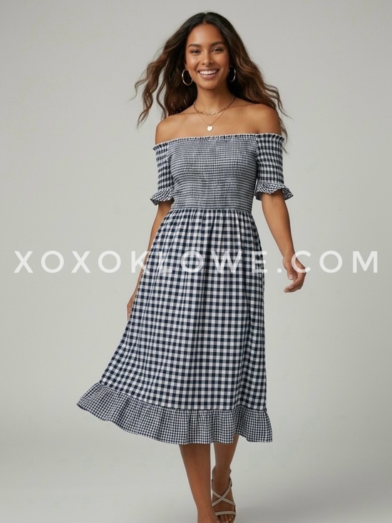 POL Dresses & Skirts - POL Navy Smocked Gingham Midi Dress | Off Shoulder Checkered Dress Cottage